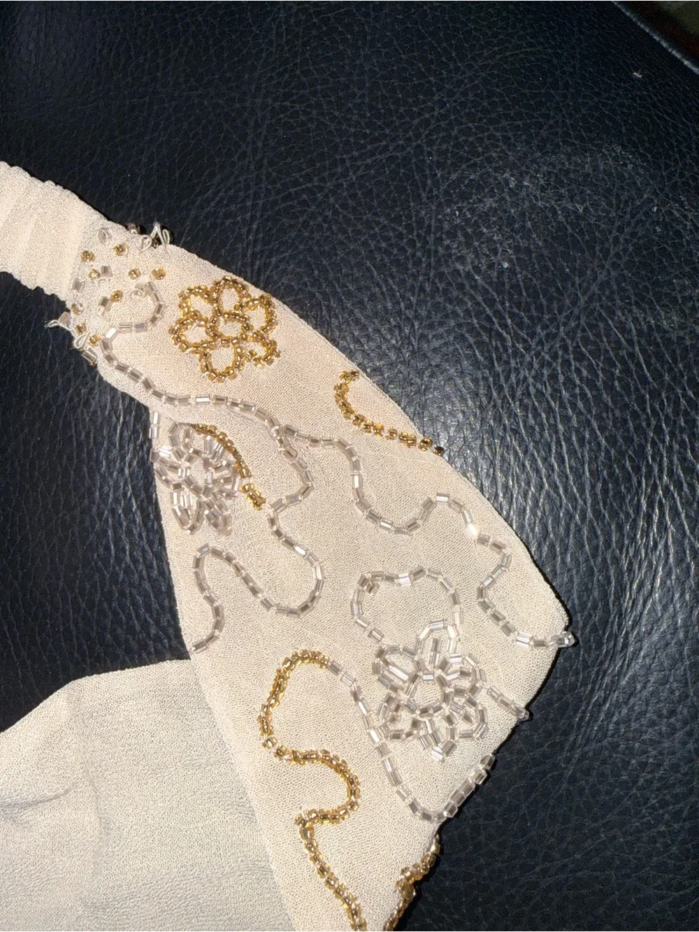 Free People Beaded Cream Elastic Headband with Gold and Silver Embellishments